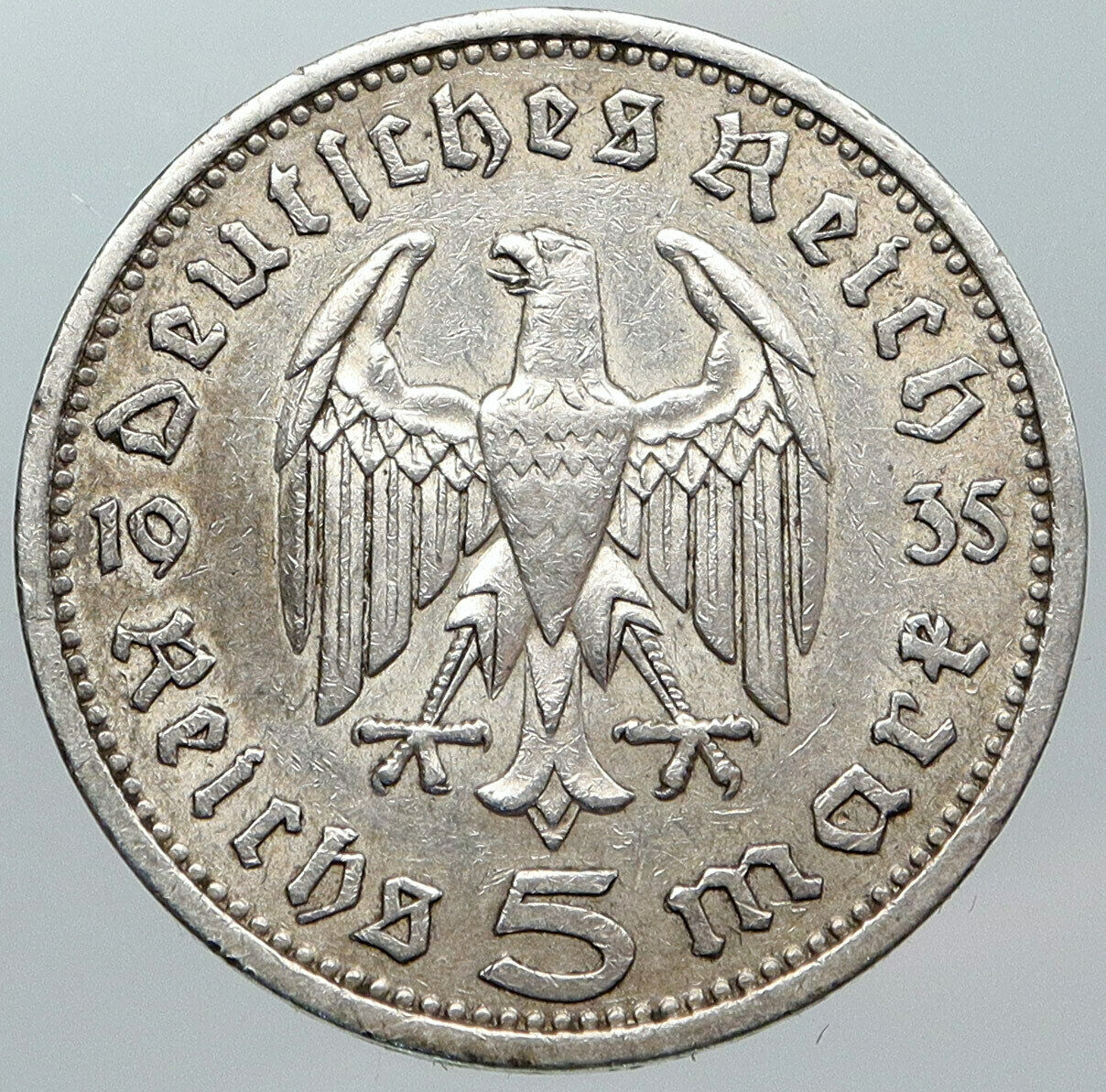 1936 Germany 2nd President Paul von Hindenburg Silver German 5 Marks Coin i88813