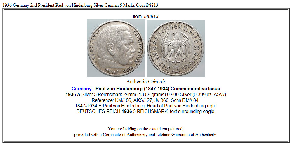 1936 Germany 2nd President Paul von Hindenburg Silver German 5 Marks Coin i88813