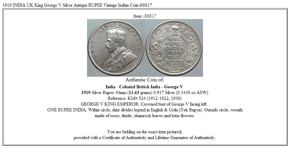 1919 INDIA UK King George V Silver Antique RUPEE Vintage Indian Coin i88817