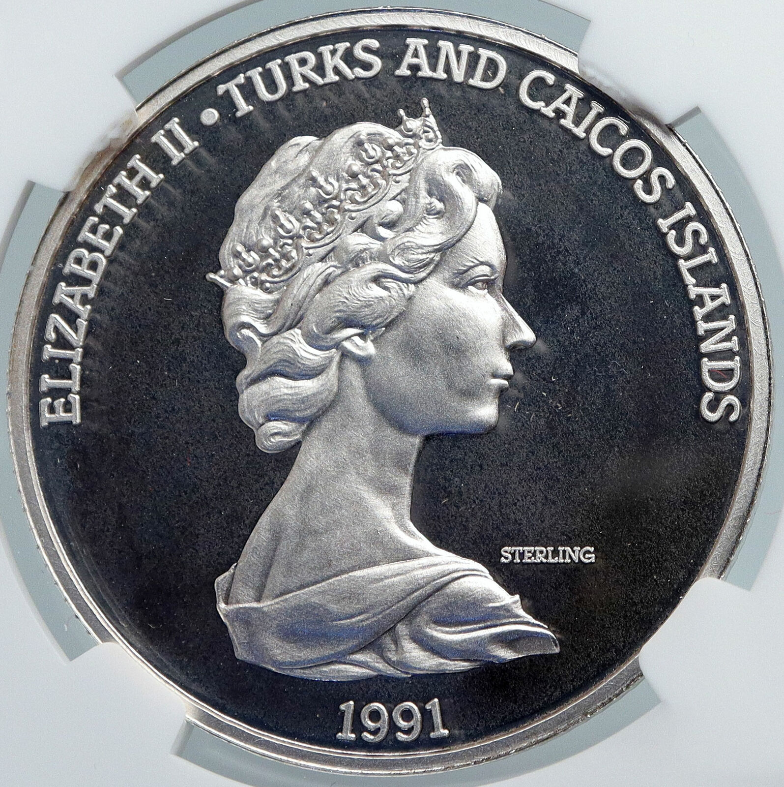 1991 TURKS AND CAICOS Columbus EXPLORATION OLD Silver 20 Crown Coin NGC i89101