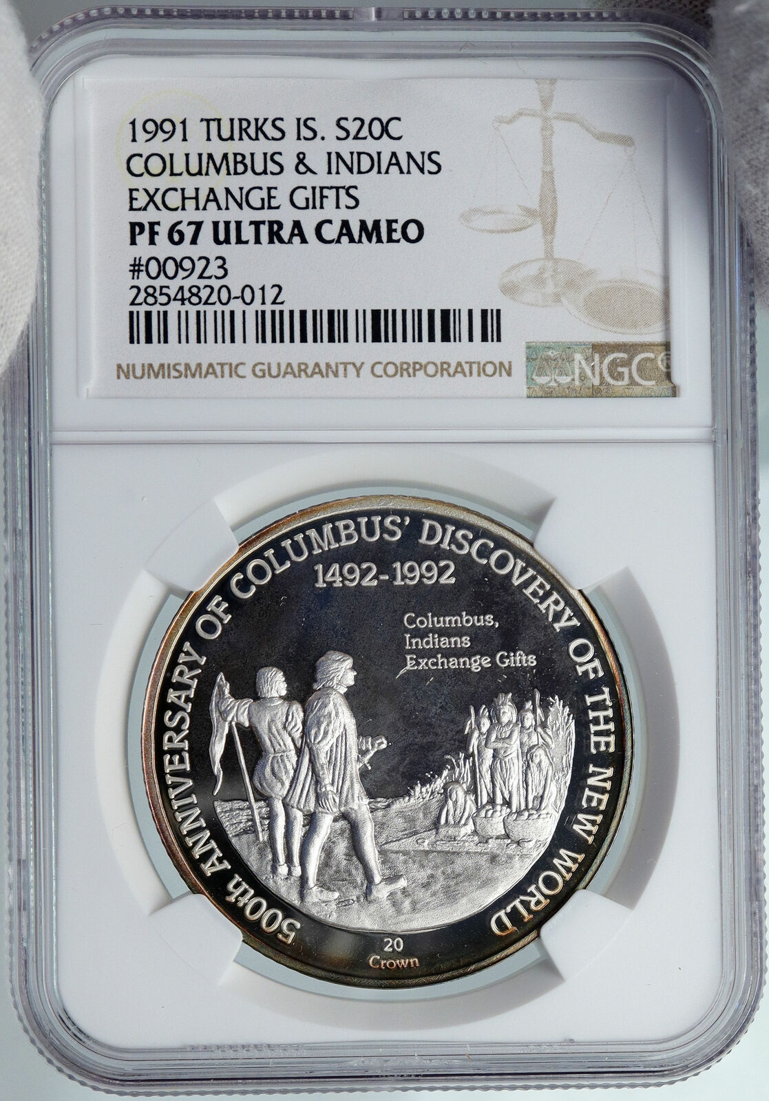 1991 TURKS AND CAICOS Columbus EXPLORATION OLD Silver 20 Crown Coin NGC i89101