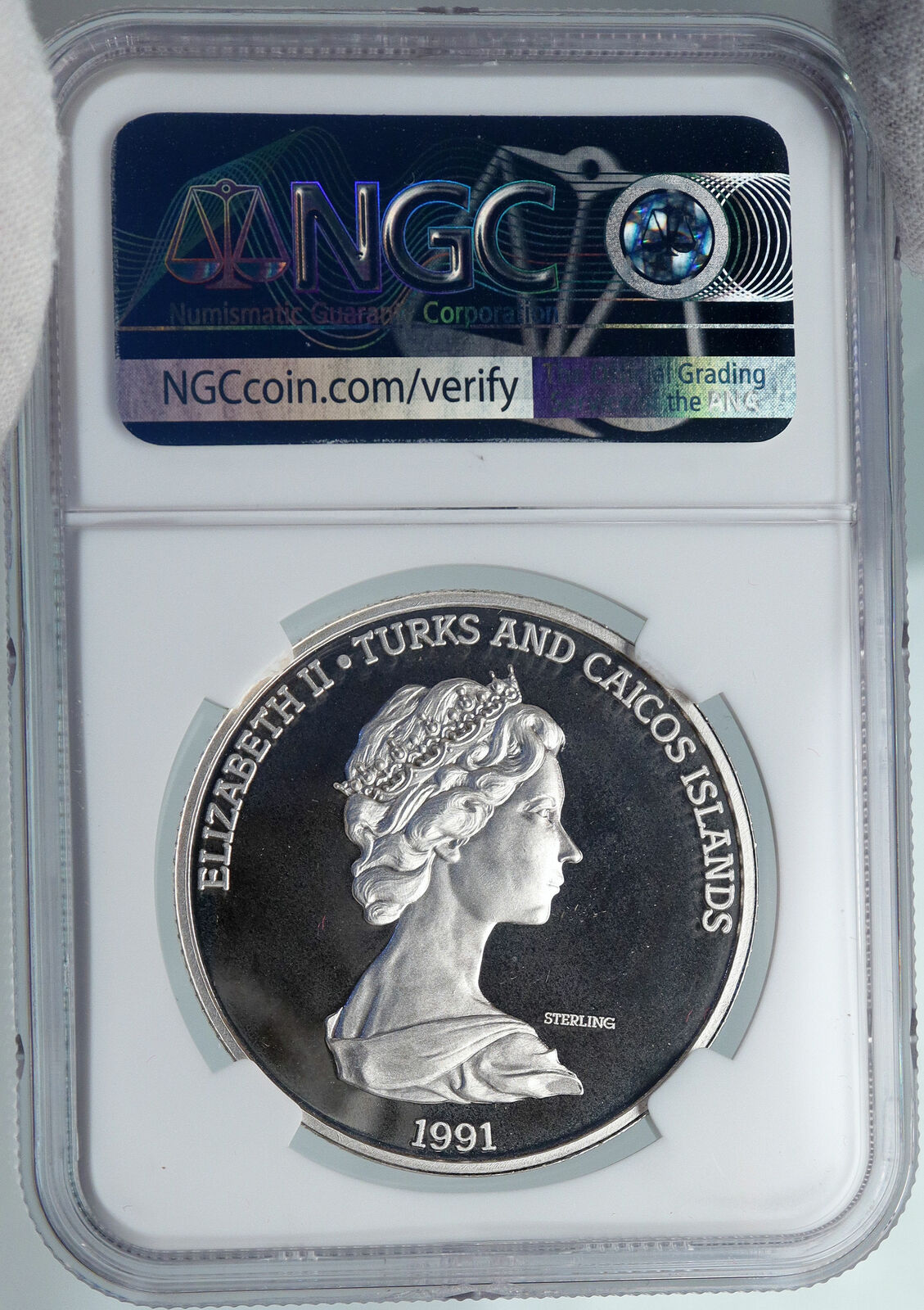 1991 TURKS AND CAICOS Columbus EXPLORATION OLD Silver 20 Crown Coin NGC i89101