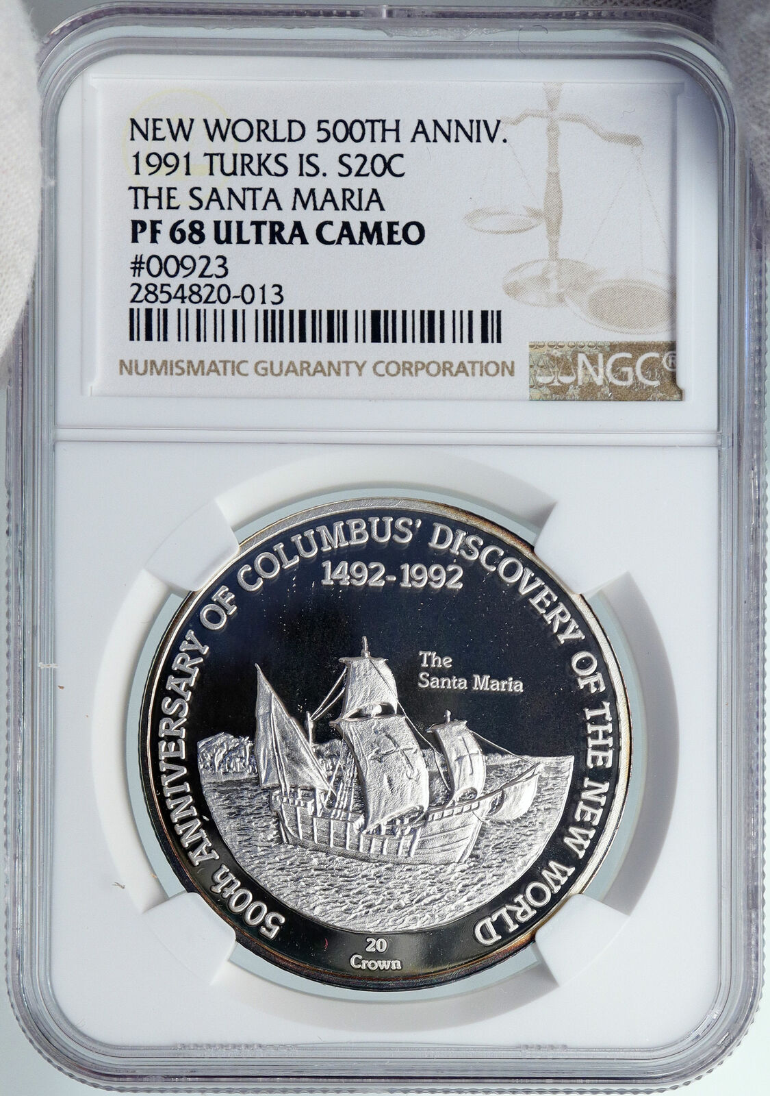 1991 TURKS AND CAICOS Columbus SANTA MARIA OLD Silver 20 Crown Coin NGC i89102