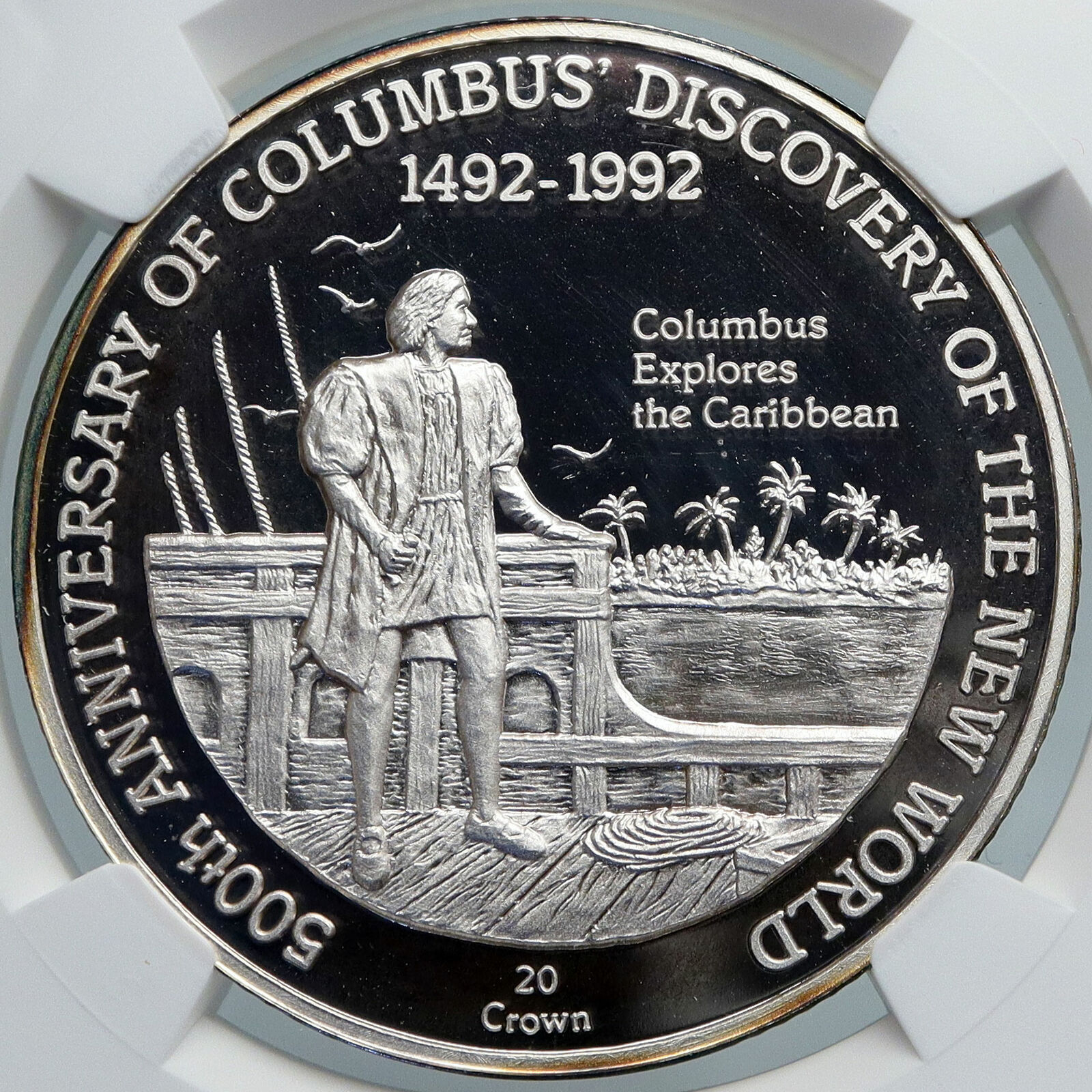 1991 TURKS AND CAICOS Columbus CARRIBIEAN OLD Silver 20 Crown Coin NGC i89103