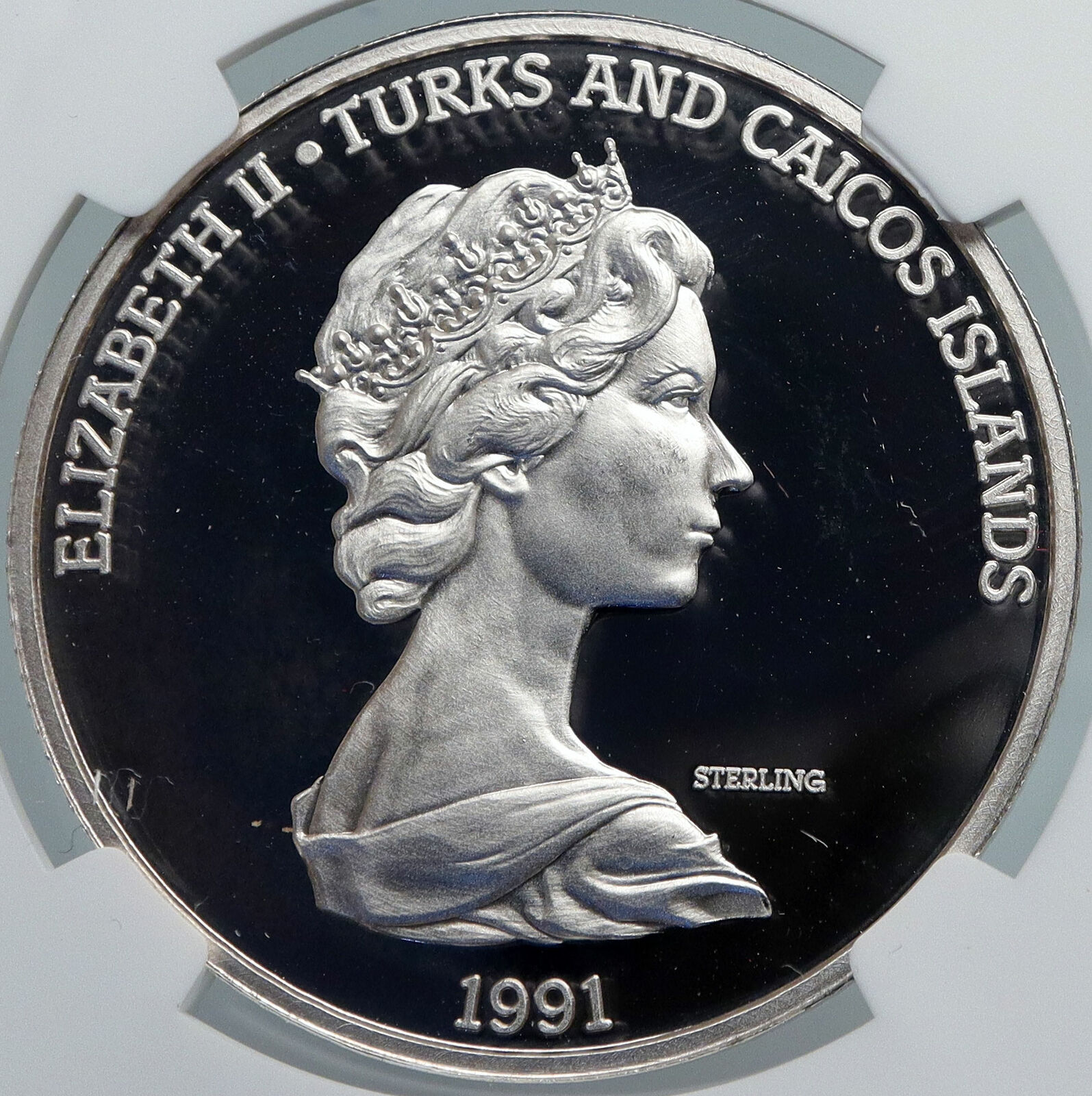 1991 TURKS AND CAICOS Columbus CARRIBIEAN OLD Silver 20 Crown Coin NGC i89103