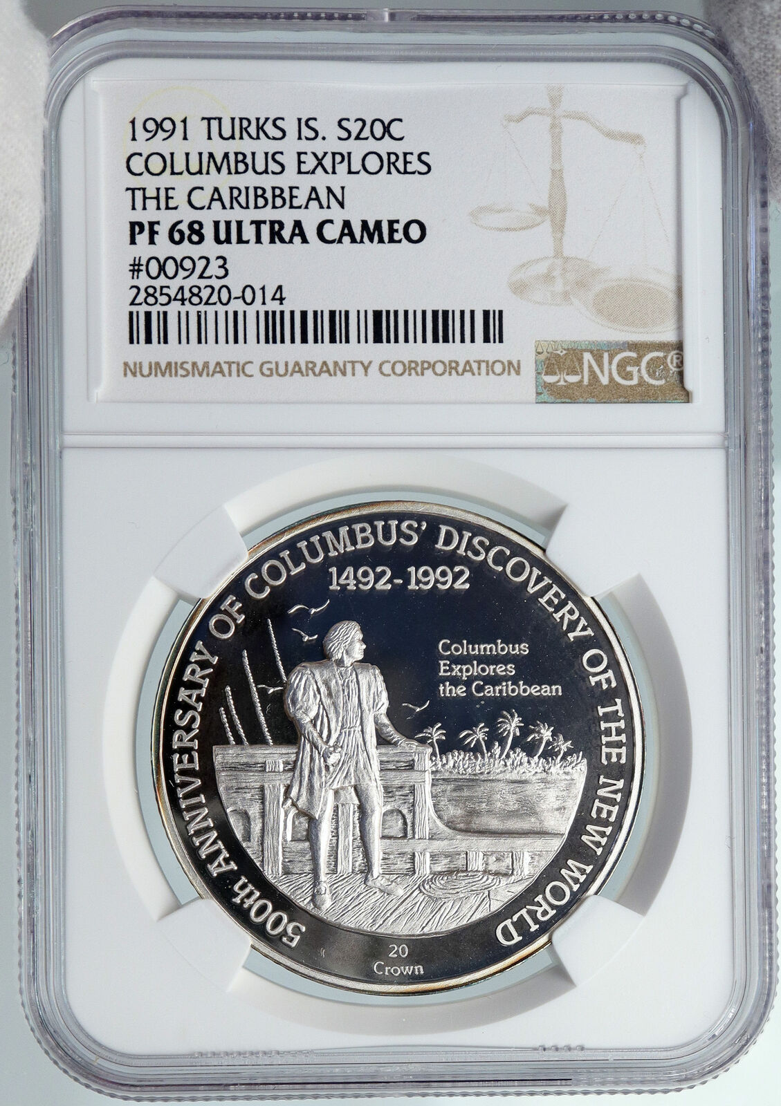 1991 TURKS AND CAICOS Columbus CARRIBIEAN OLD Silver 20 Crown Coin NGC i89103