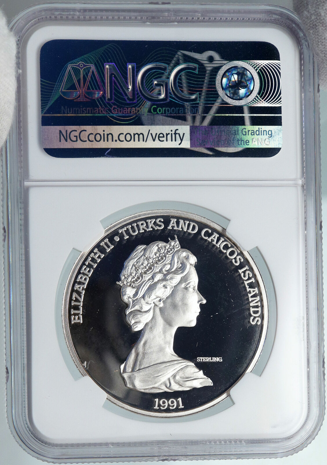 1991 TURKS AND CAICOS Columbus CARRIBIEAN OLD Silver 20 Crown Coin NGC i89103