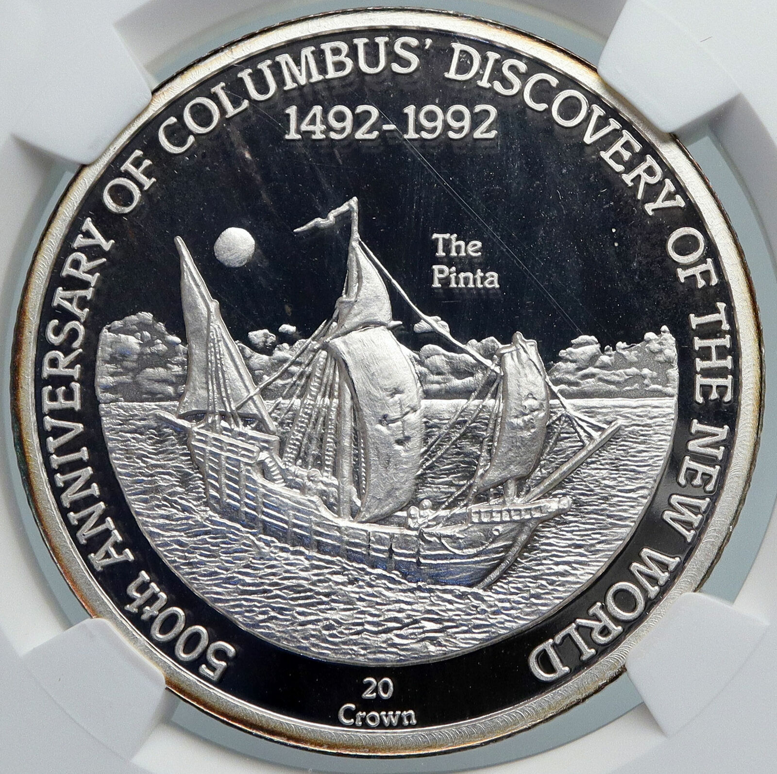 1991 TURKS AND CAICOS Columbus EXPLORATION OLD Silver 20 Crown Coin NGC i89104