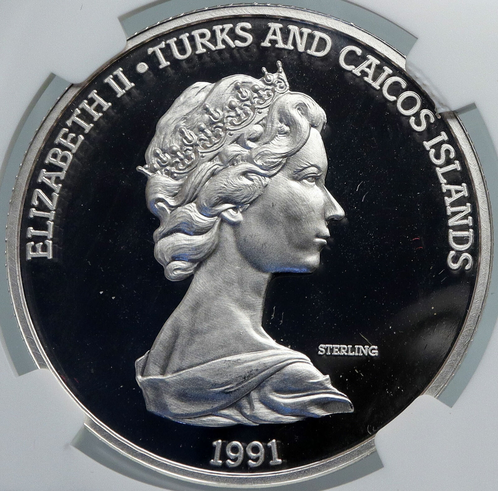 1991 TURKS AND CAICOS Columbus EXPLORATION OLD Silver 20 Crown Coin NGC i89104