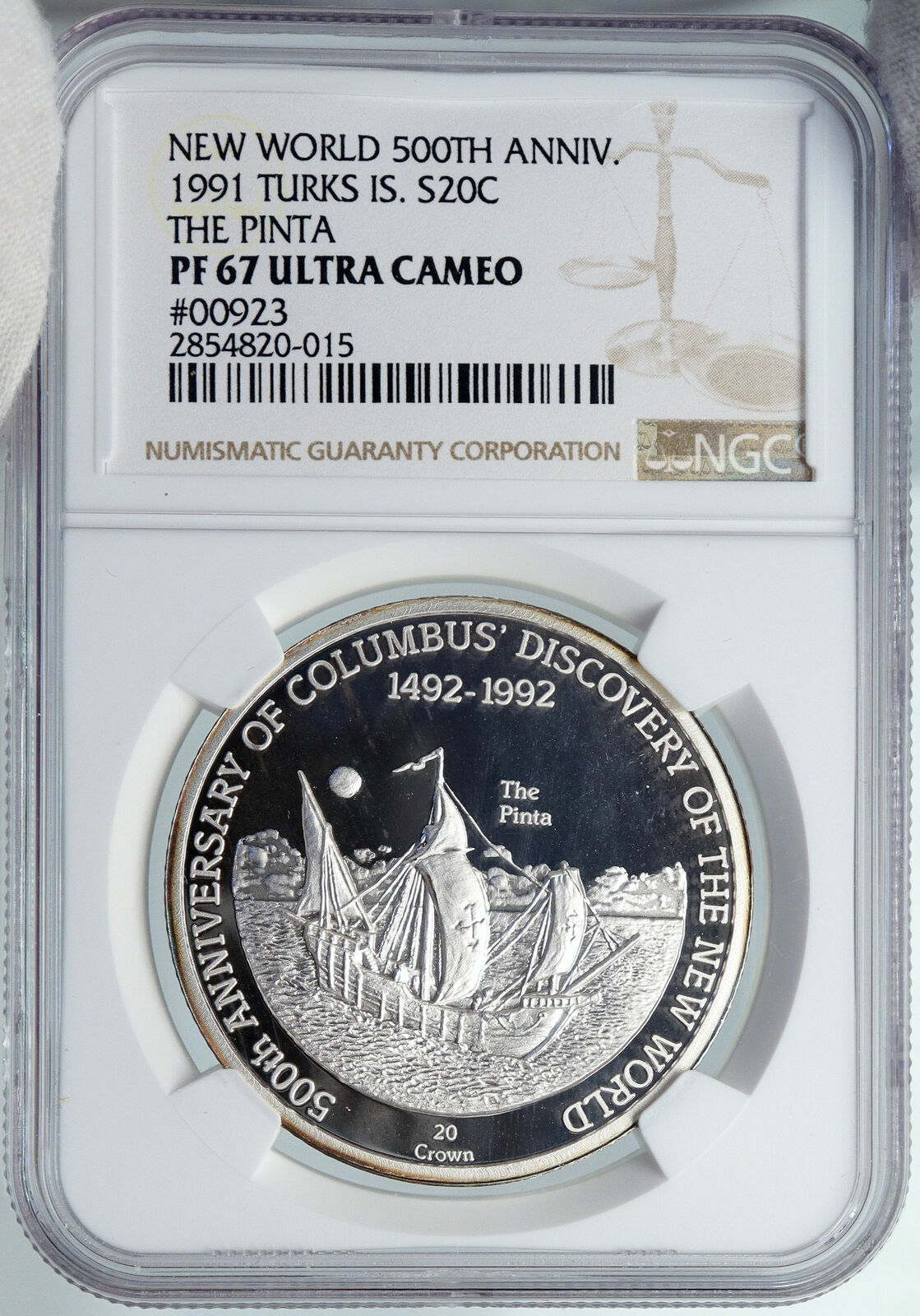 1991 TURKS AND CAICOS Columbus EXPLORATION OLD Silver 20 Crown Coin NGC i89104