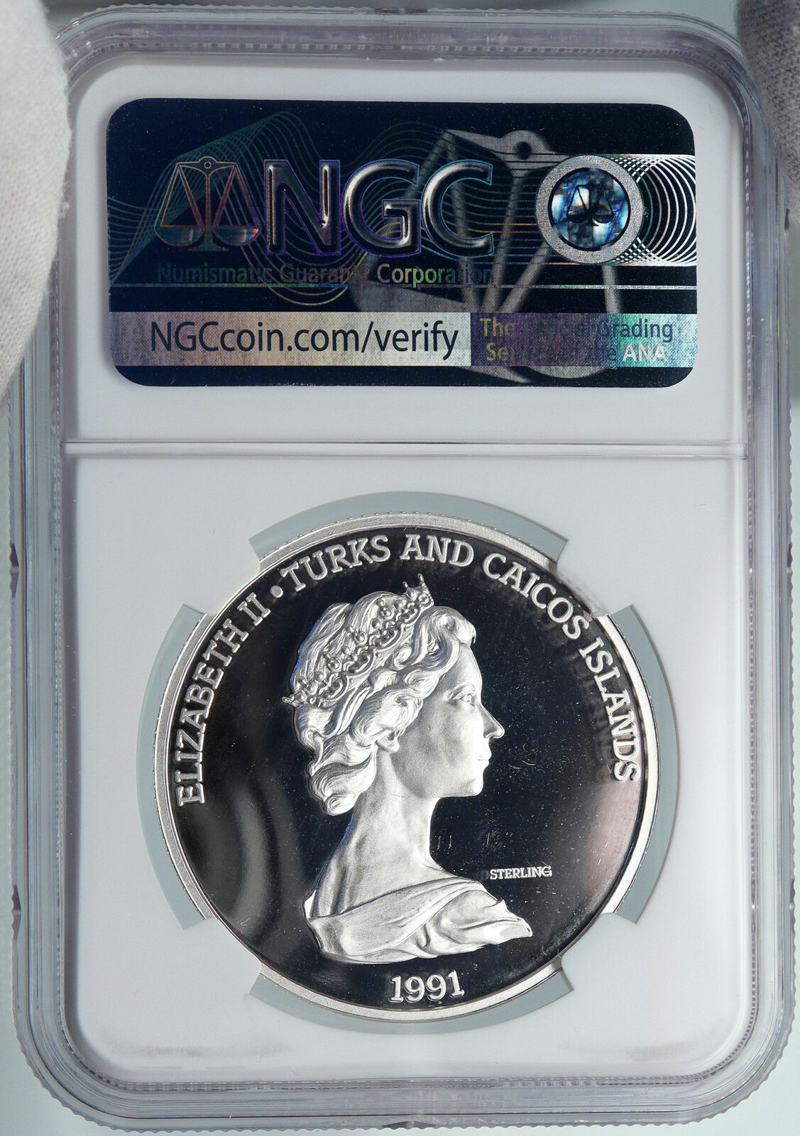 1991 TURKS AND CAICOS Columbus EXPLORATION OLD Silver 20 Crown Coin NGC i89104