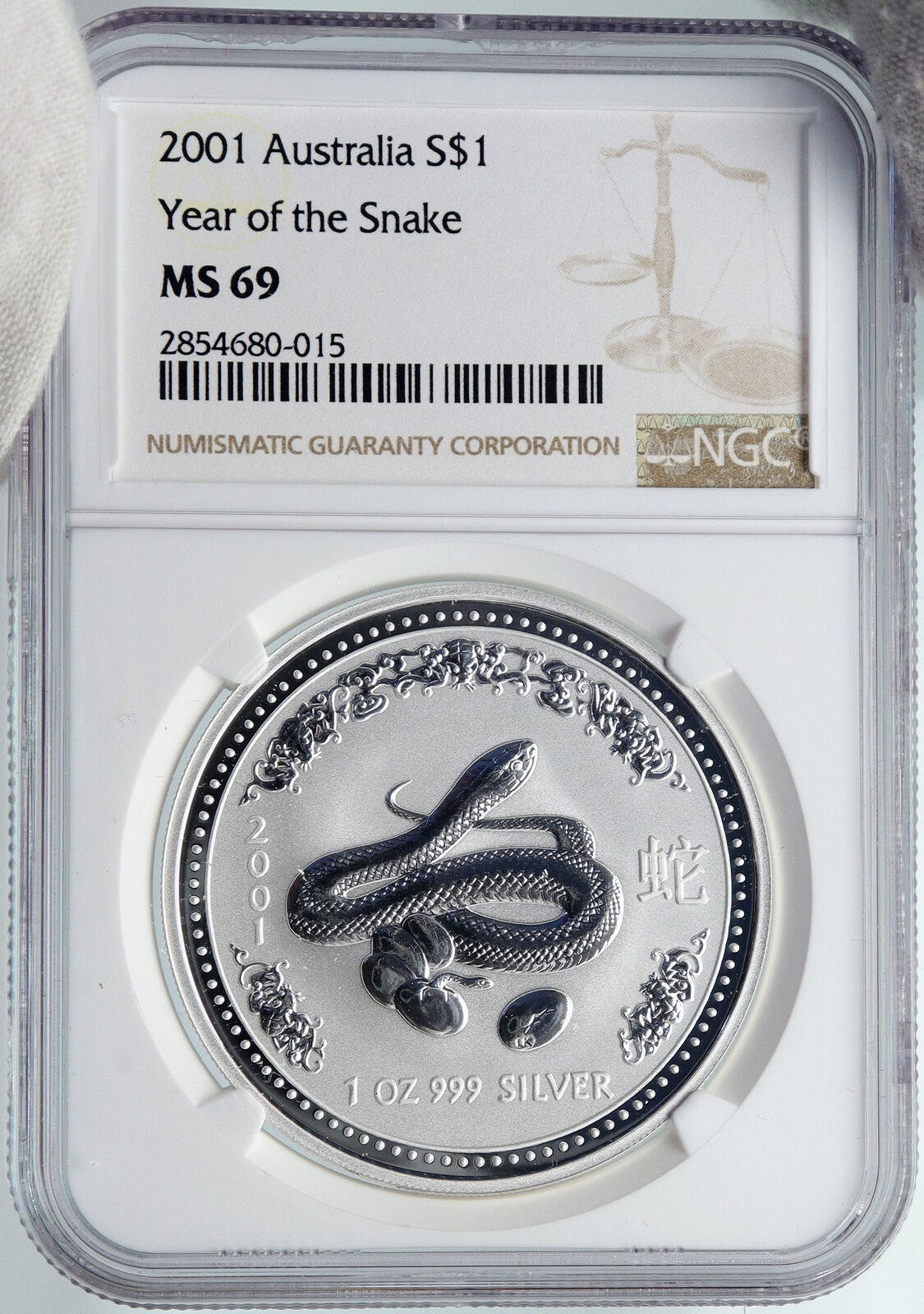 2001 AUSTRALIA Elizabeth II Chinese Zodiac Snake ART Silver $1 Coin NGC i89358