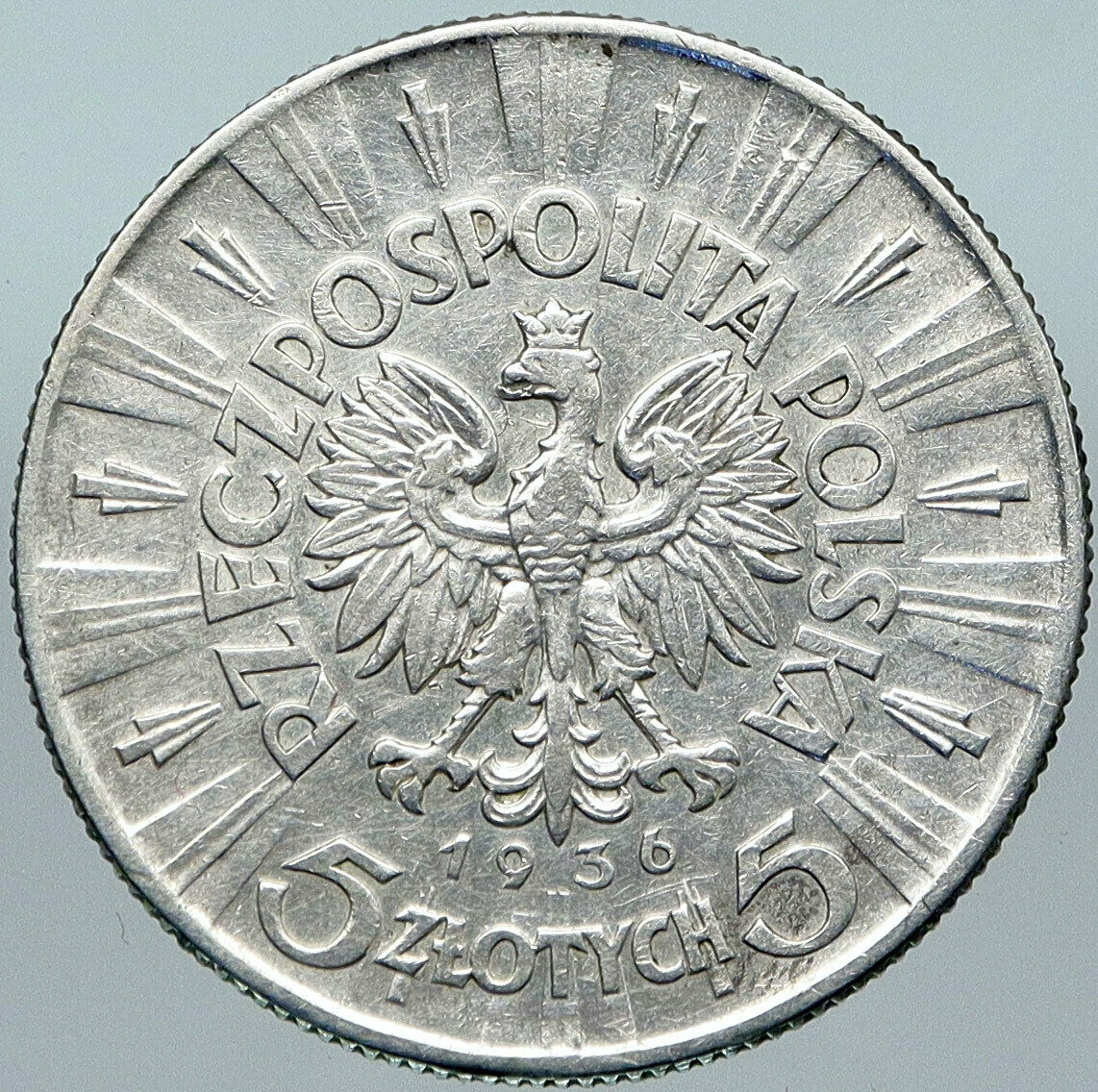 1936 POLAND Silver with Jozef Pilsudski OLD Antique Silver 5 Zlotych Coin i88425