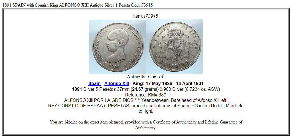 1891 SPAIN with Spanish King ALFONSO XIII Antique Silver 5 Pesetas Coin i73915