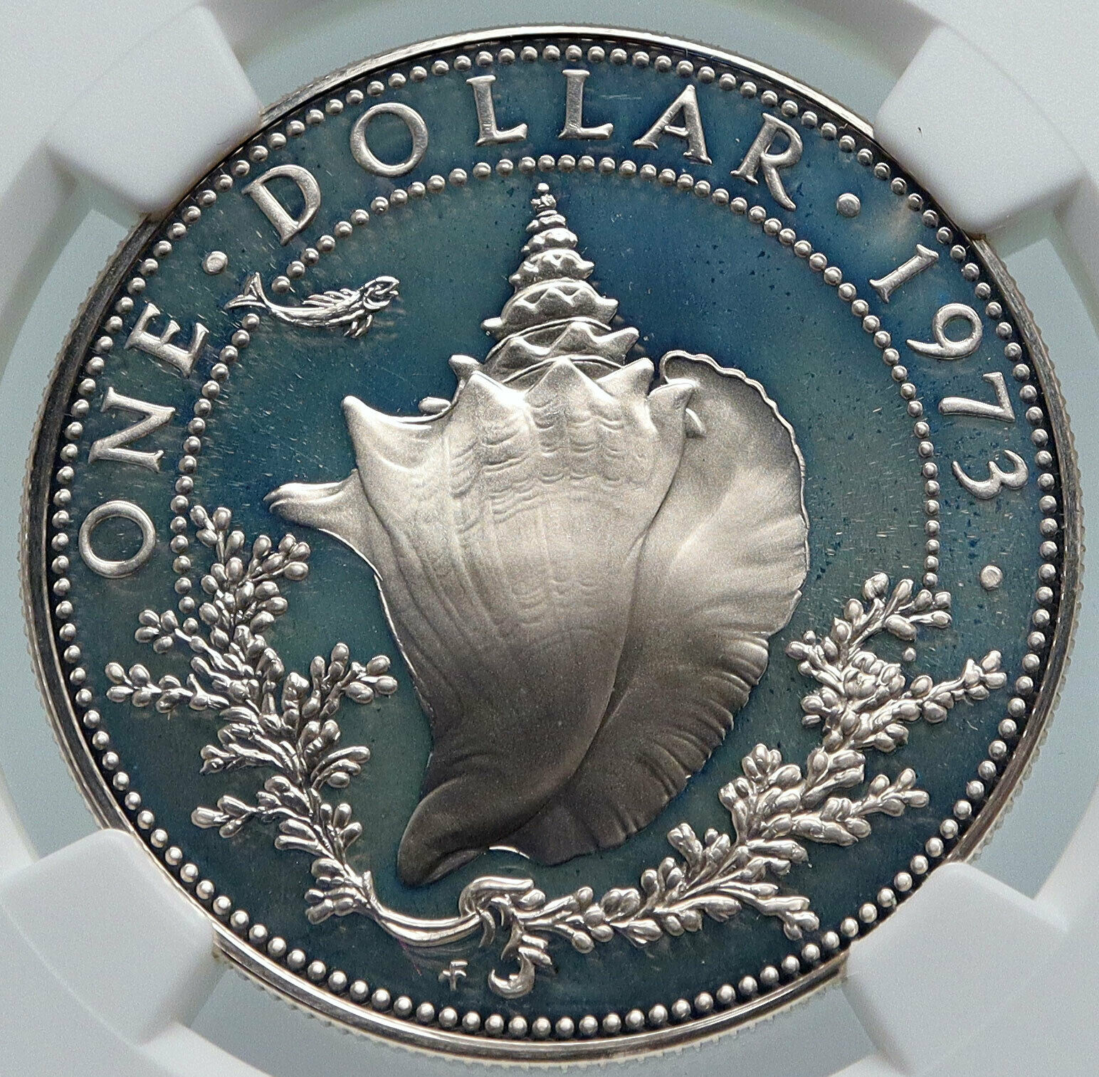 1973 BAHAMAS Elizabeth II CONCH Vintage OLD Proof Silver Dollar Coin NGC i85984