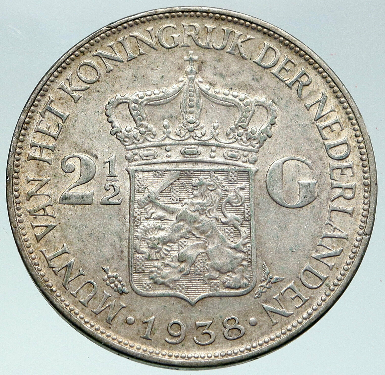 1938 NETHERLANDS Kingdom QUEEN WILHELMINA Old Silver 2 1/2 Gulden Coin i86276