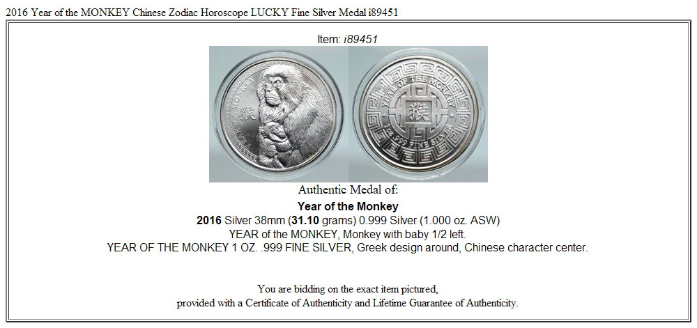 2016 Year of the MONKEY Chinese Zodiac Horoscope LUCKY Fine Silver Medal i89451