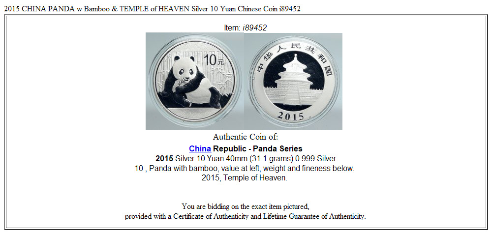 2015 CHINA PANDA w Bamboo & TEMPLE of HEAVEN Silver 10 Yuan Chinese Coin i89452