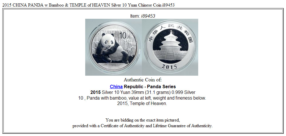 2015 CHINA PANDA w Bamboo & TEMPLE of HEAVEN Silver 10 Yuan Chinese Coin i89453