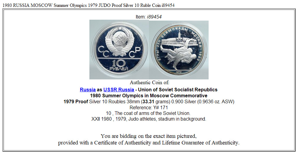 1980 RUSSIA MOSCOW Summer Olympics 1979 JUDO Proof Silver 10 Ruble Coin i89454