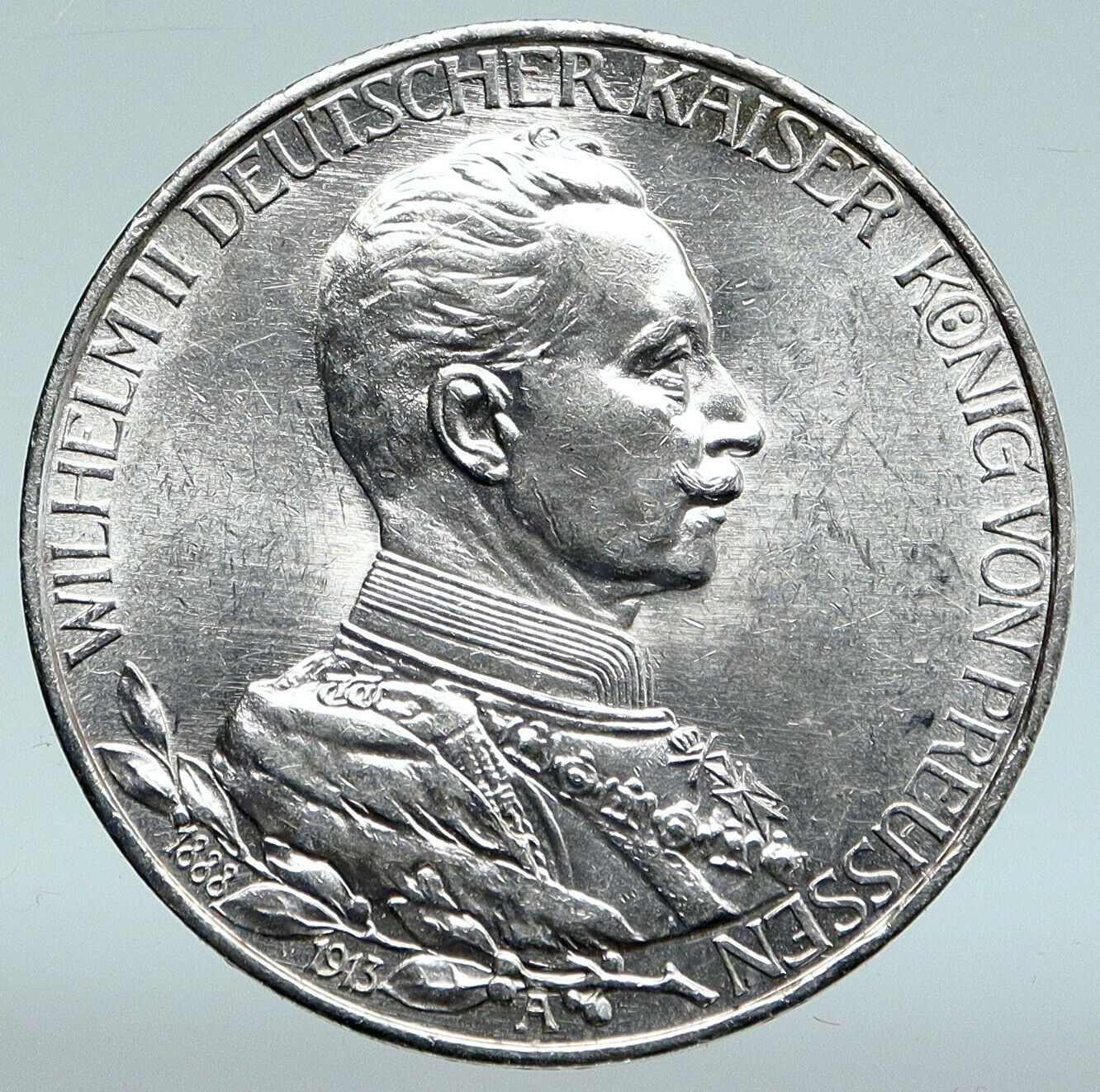 1913 A GERMANY GERMAN STATES PRUSSIA WILHELM II Antique Silver 3Mark Coin i89444