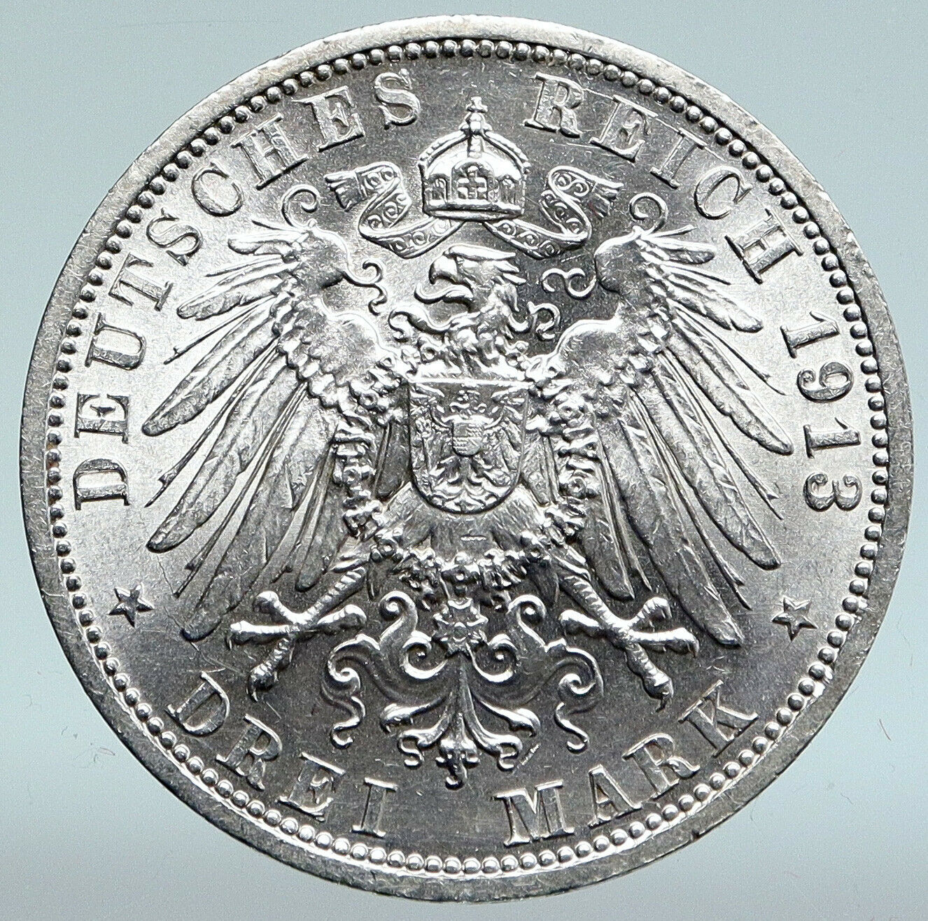 1913 A GERMANY GERMAN STATES PRUSSIA WILHELM II Antique Silver 3Mark Coin i89444