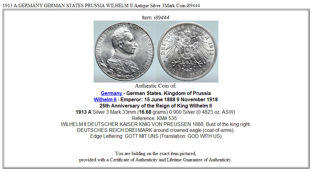 1913 A GERMANY GERMAN STATES PRUSSIA WILHELM II Antique Silver 3Mark Coin i89444