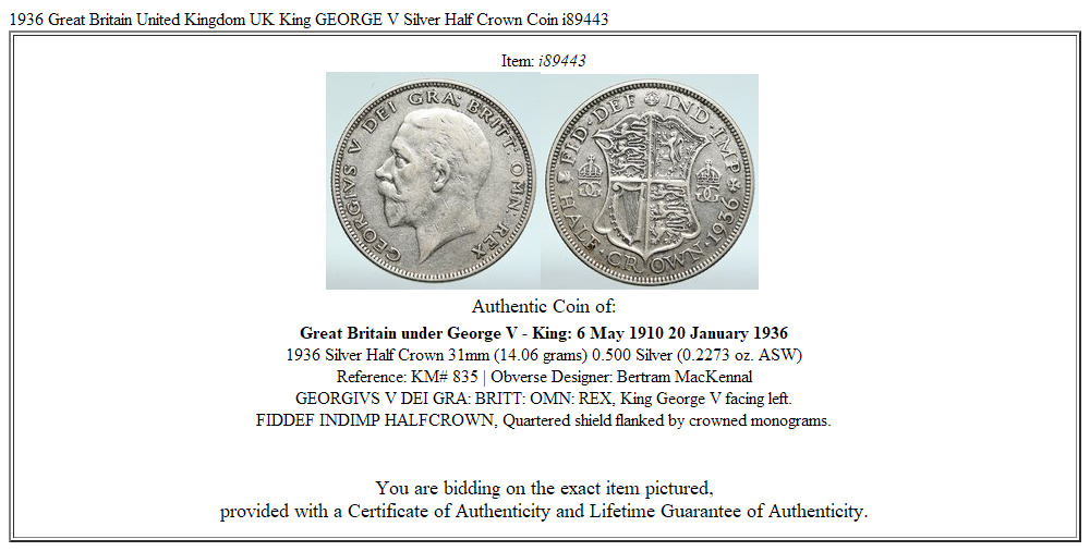 1936 Great Britain United Kingdom UK King GEORGE V Silver Half Crown Coin i89443