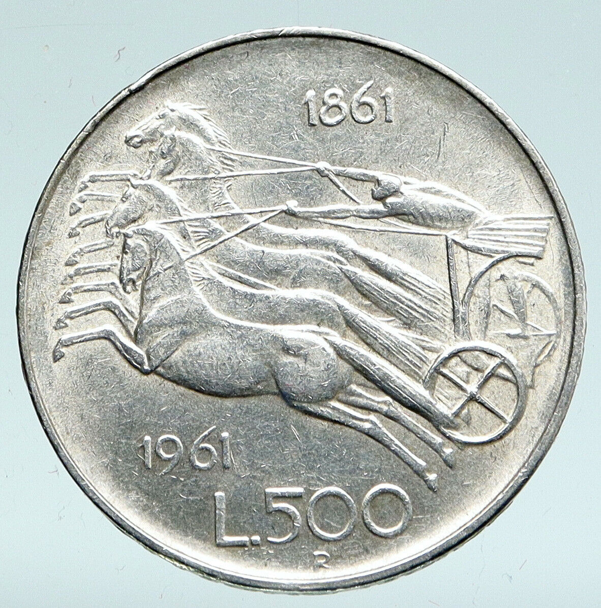 1961 ITALY Silver 500 Lire Coin ITALIAN UNIFICATION Rome Capital CHARIOT i89442