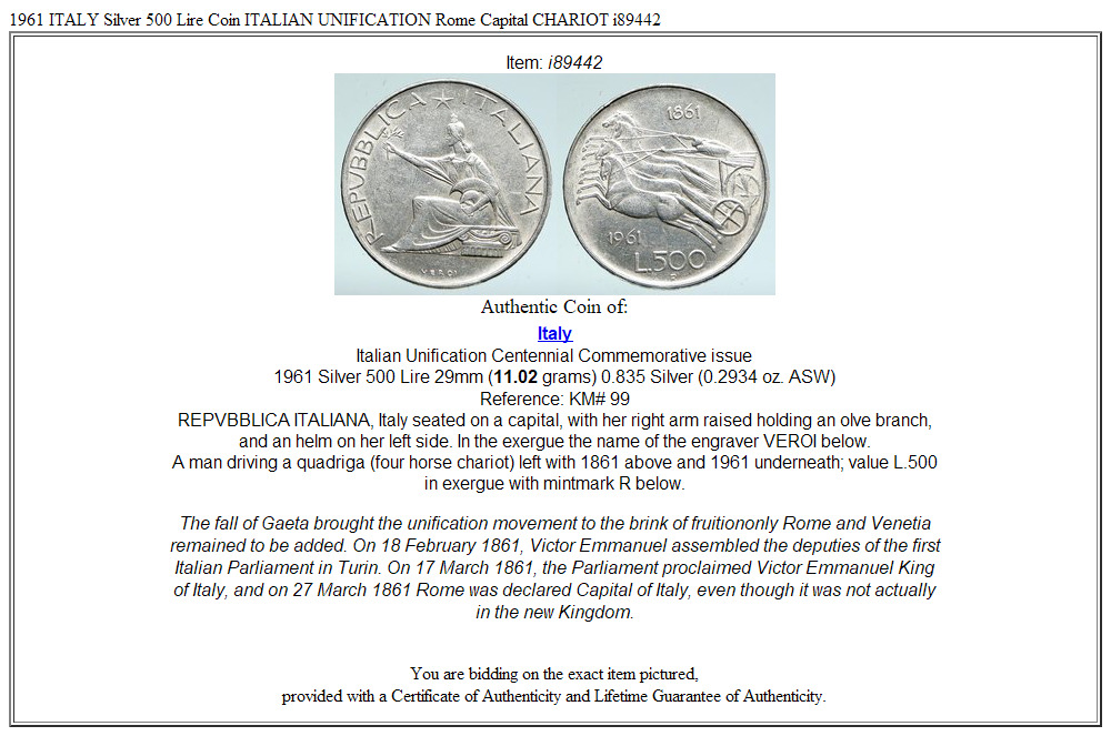 1961 ITALY Silver 500 Lire Coin ITALIAN UNIFICATION Rome Capital CHARIOT i89442