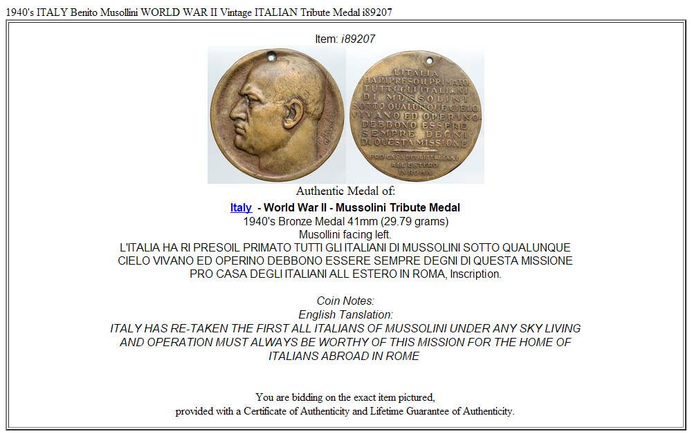 1940's ITALY Benito Musollini WORLD WAR II Vintage ITALIAN Tribute Medal i89207