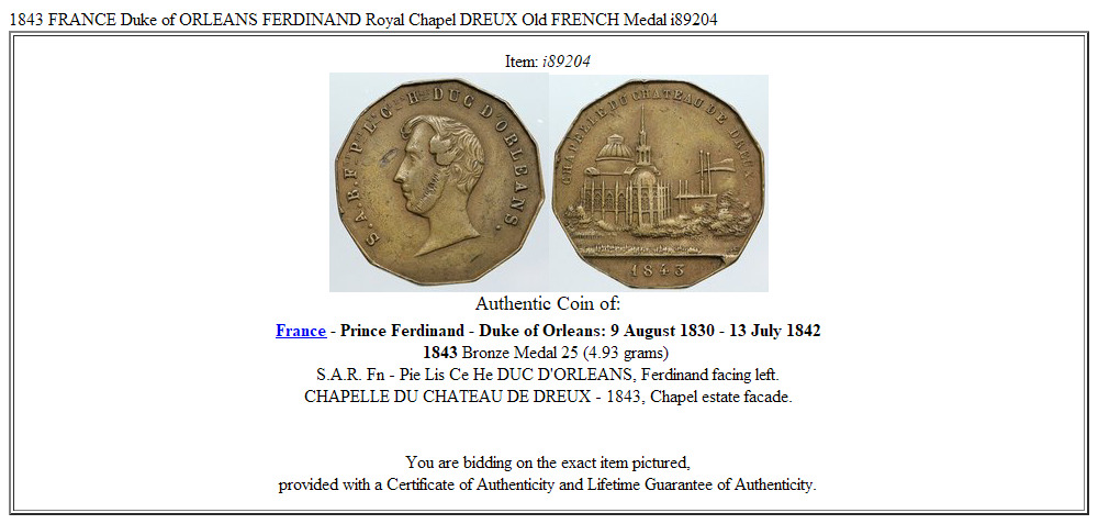 1843 FRANCE Duke of ORLEANS FERDINAND Royal Chapel DREUX Old FRENCH Medal i89204