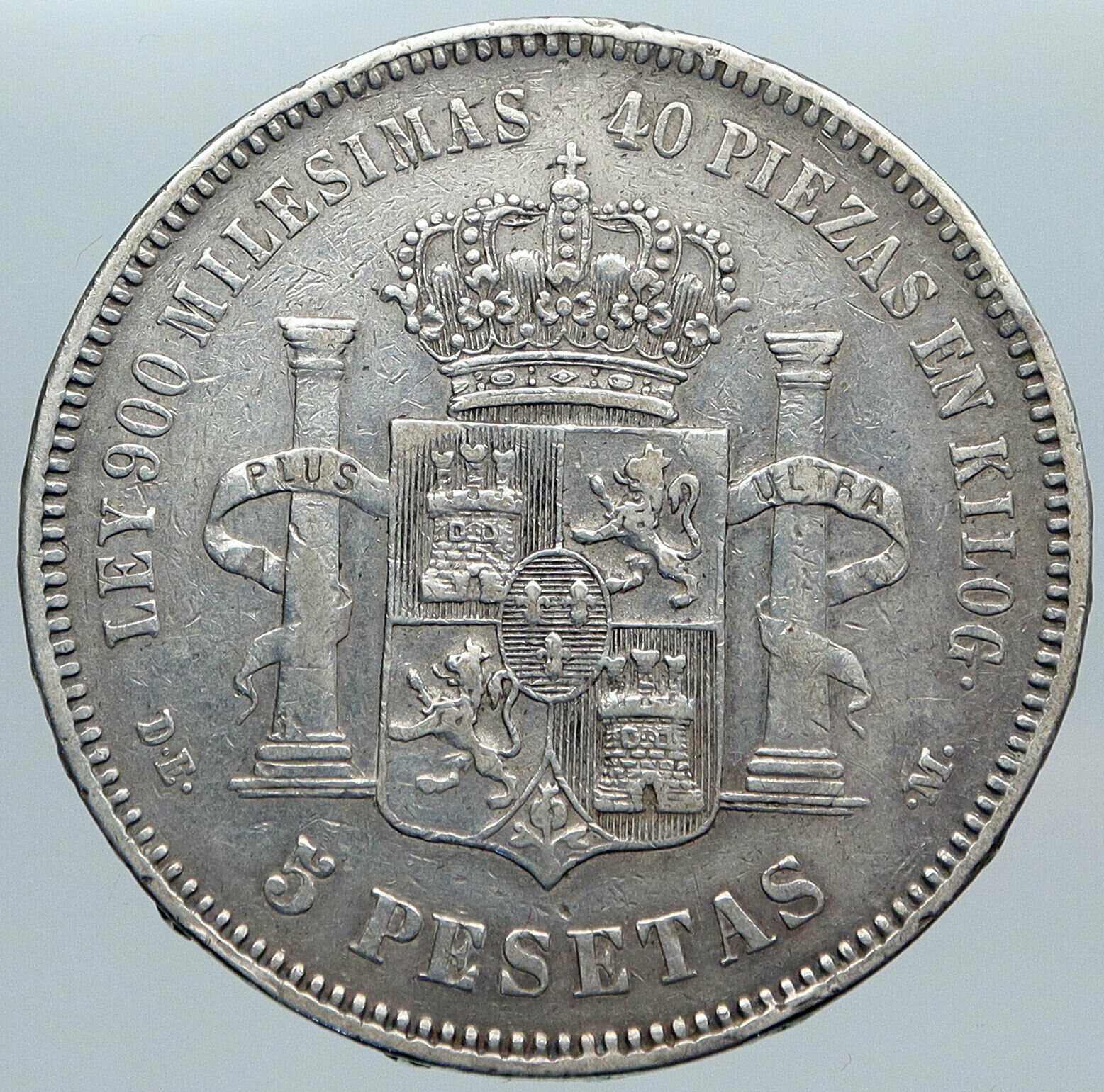 1876 SPAIN w King ALFONSO XII Antique OLD SPANISH Silver 5 Pesetas Coin i89191