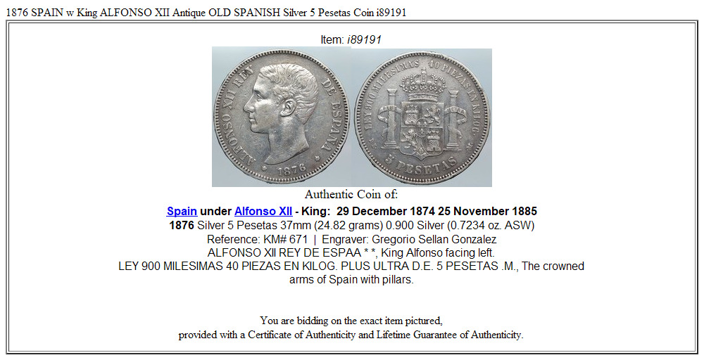 1876 SPAIN w King ALFONSO XII Antique OLD SPANISH Silver 5 Pesetas Coin i89191