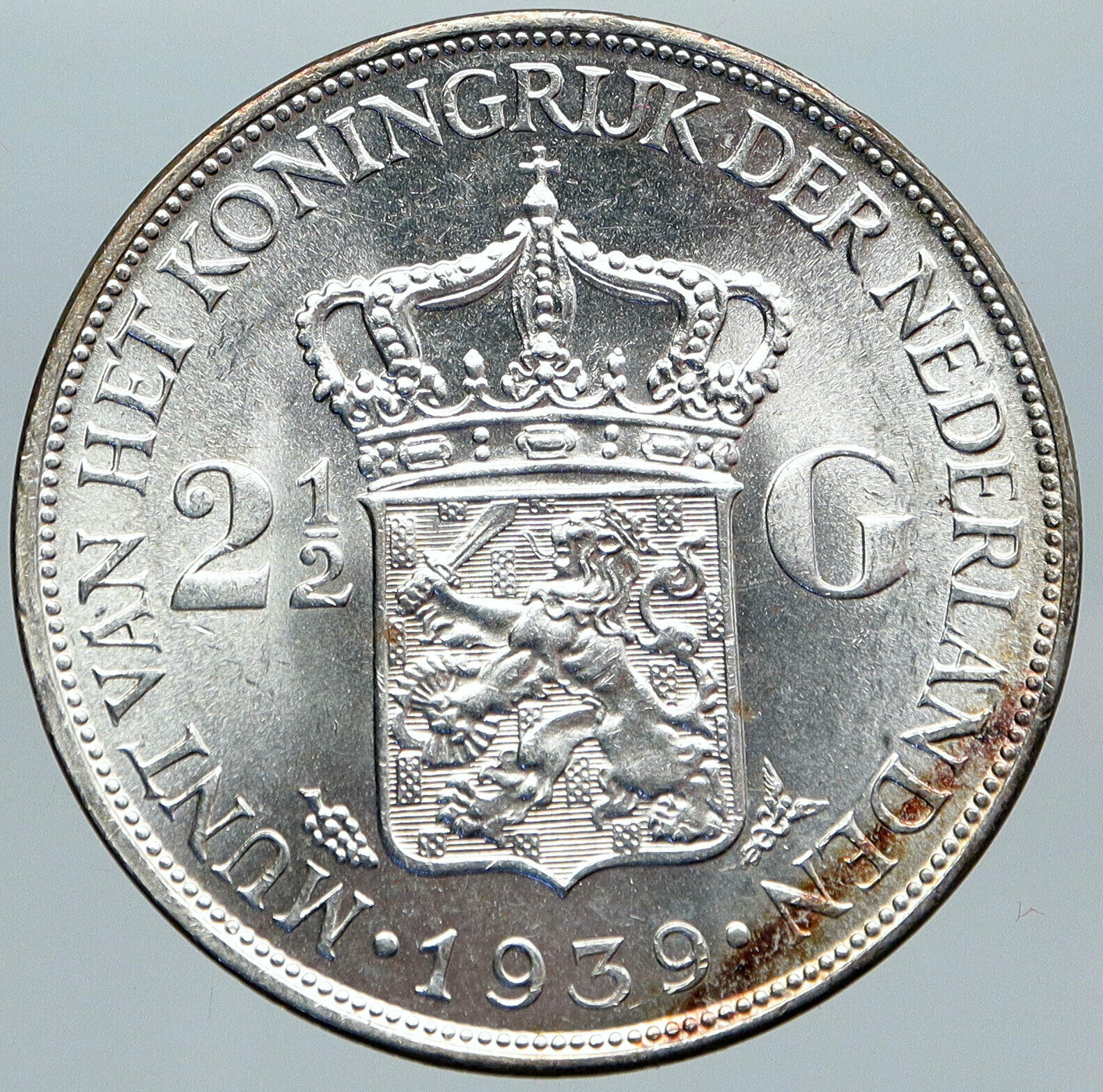 1939 Netherlands Kingdom Queen WILHELMINA 2 1/2 Gulden BIG Silver Coin i89192