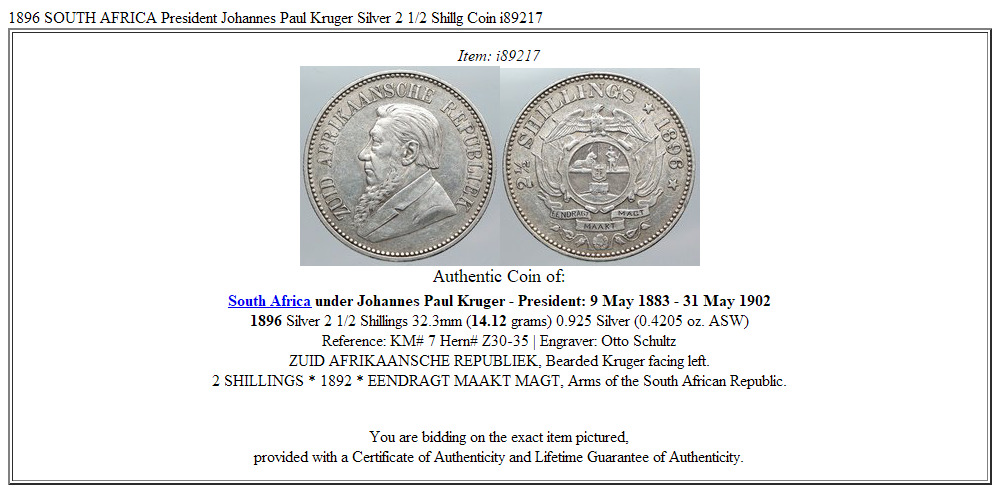 1896 SOUTH AFRICA President Johannes Paul Kruger Silver 2 1/2 Shillg Coin i89217