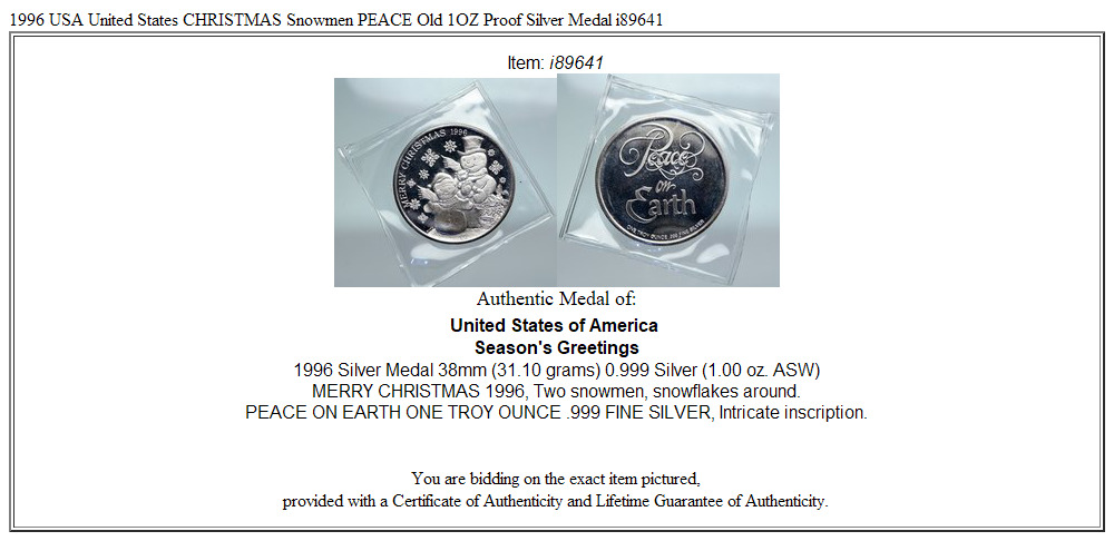 1996 USA United States CHRISTMAS Snowmen PEACE Old 1OZ Proof Silver Medal i89641