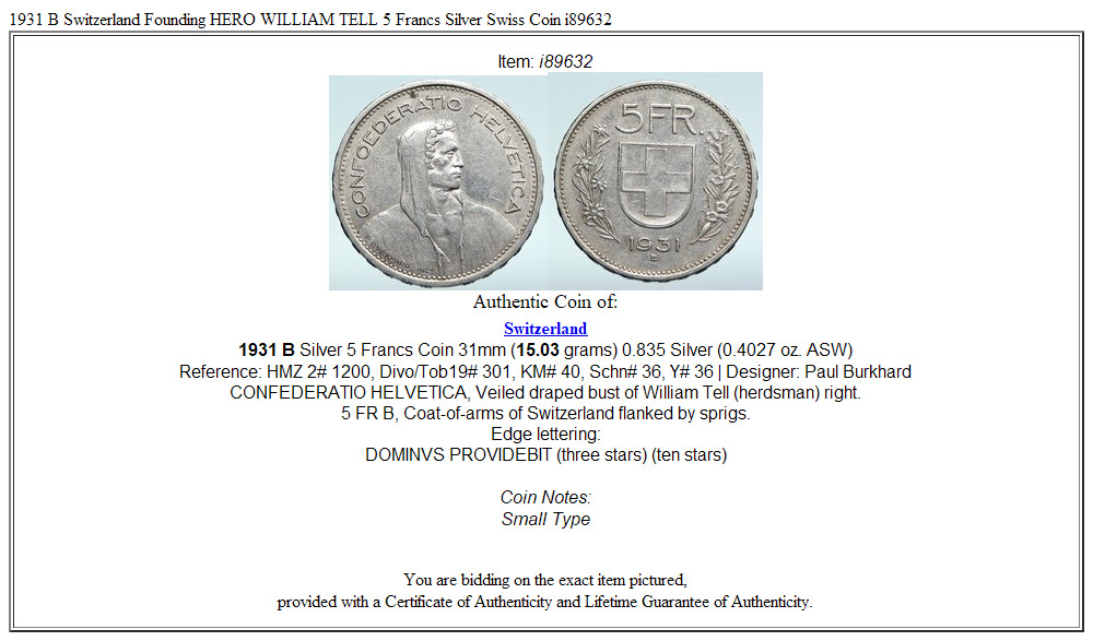 1931 B Switzerland Founding HERO WILLIAM TELL 5 Francs Silver Swiss Coin i89632