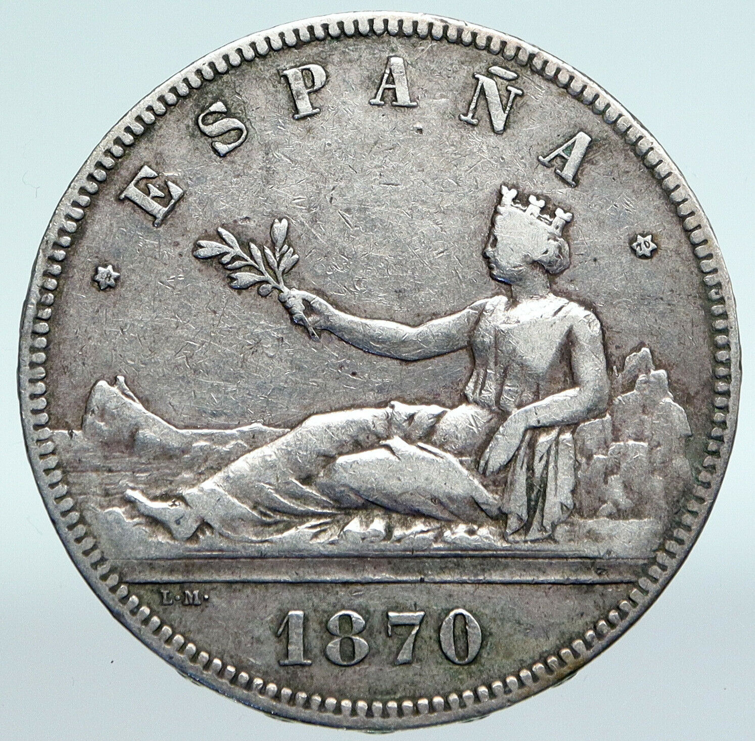 1870 SPAIN Provisional Government Liberty ANTIQUE Silver 5 Pesetas Coin i89634