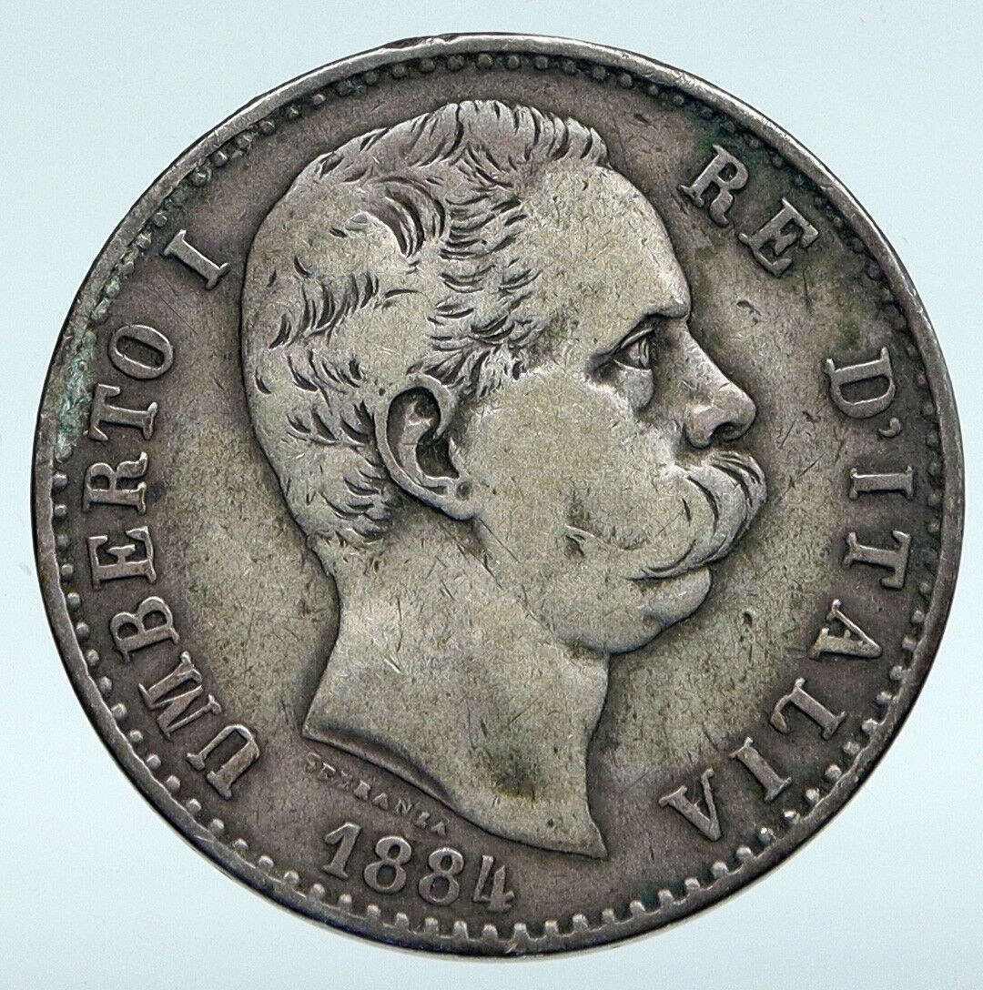 1881 ITALY with King Umberto I Antique VINTAGE Silver 2 Lire Italian Coin i89638