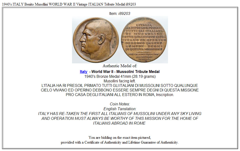 1940's ITALY Benito Musollini WORLD WAR II Vintage ITALIAN Tribute Medal i89203