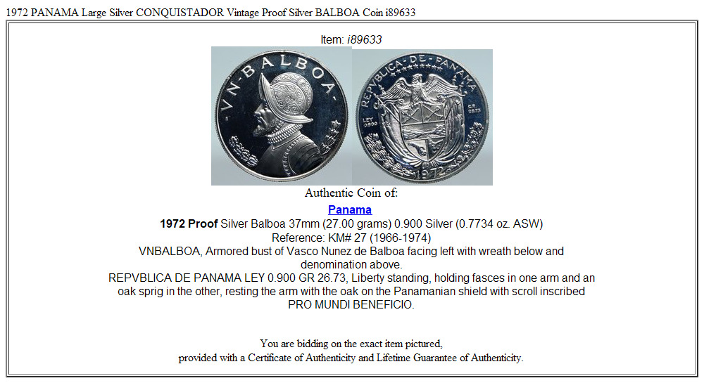 1972 PANAMA Large Silver CONQUISTADOR Vintage Proof Silver BALBOA Coin i89633