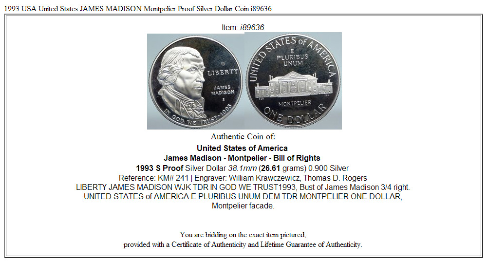 1993 USA United States JAMES MADISON Montpelier Proof Silver Dollar Coin i89636