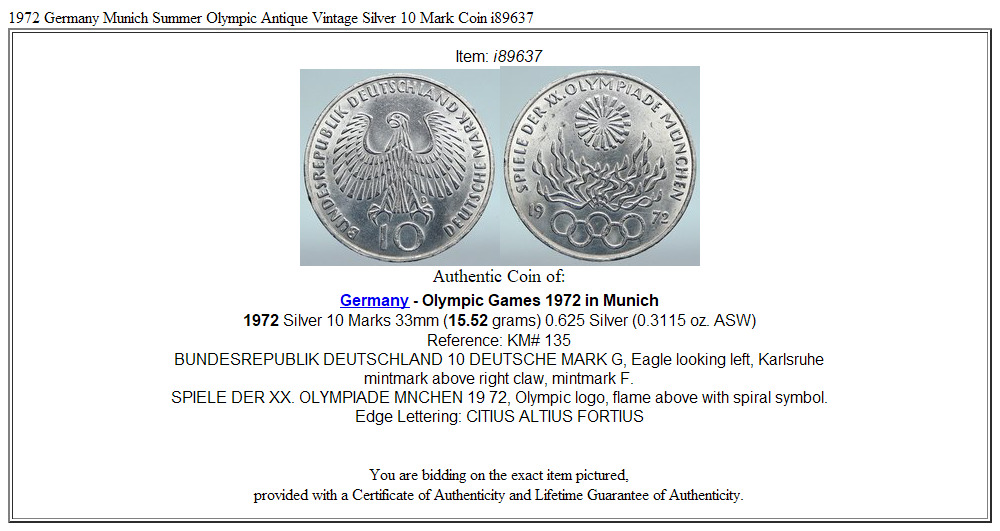 1972 Germany Munich Summer Olympic Antique Vintage Silver 10 Mark Coin i89637