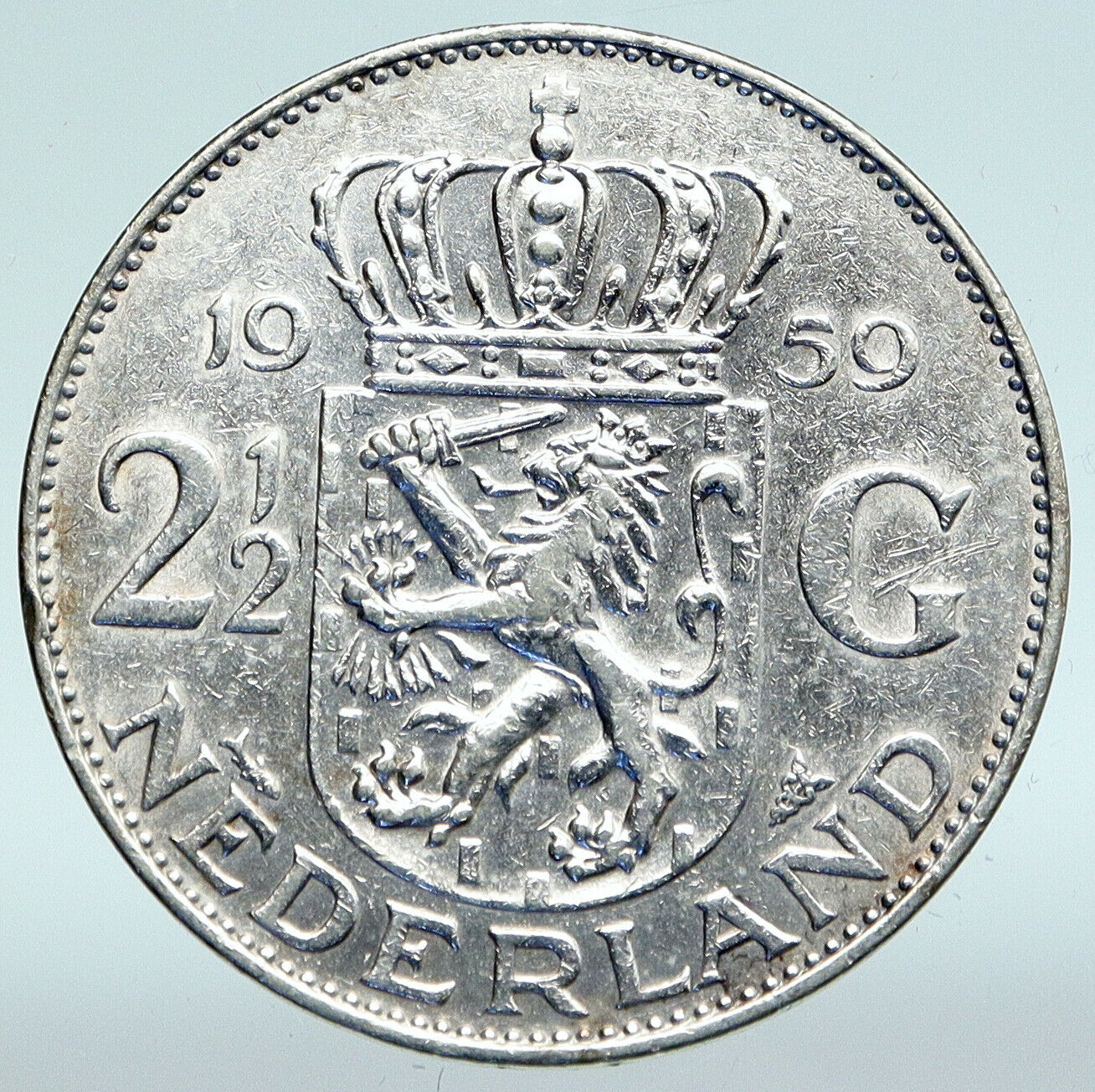 1959 Netherlands Kingdom Queen JULIANA Vintage Silver 2 1/2 Gulden Coin i89650