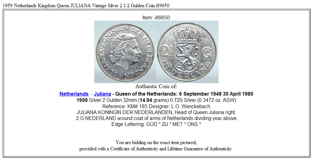 1959 Netherlands Kingdom Queen JULIANA Vintage Silver 2 1/2 Gulden Coin i89650