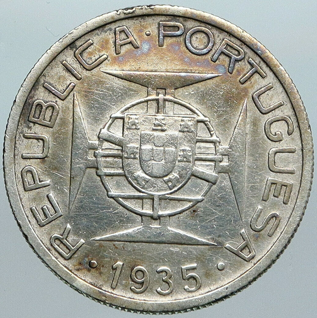 1936 PORTUGAL Colony MOZAMBIQUE Antique Vintage Silver 10 Escudos Coin i88948