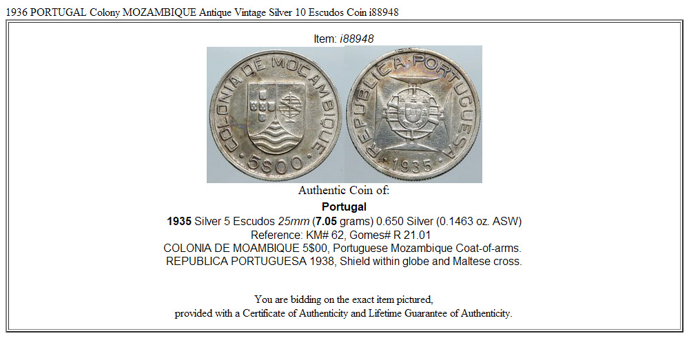 1936 PORTUGAL Colony MOZAMBIQUE Antique Vintage Silver 10 Escudos Coin i88948