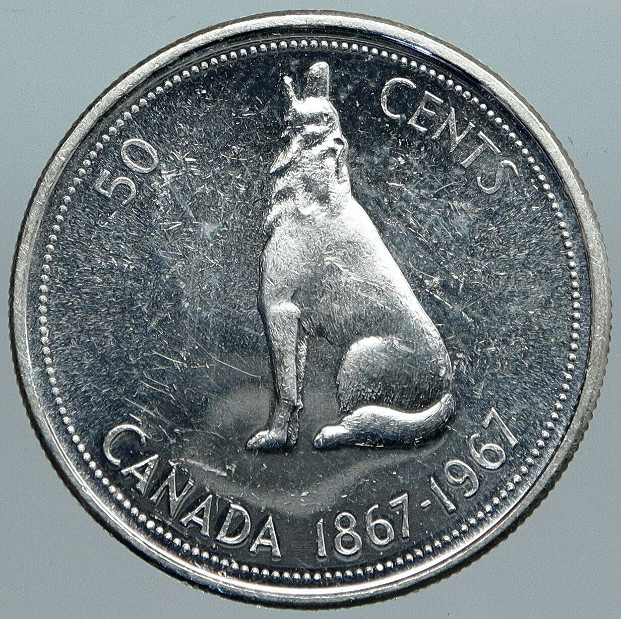 1967 CANADA UK Queen ELIZABETH II Wolf Howls Vintage Silver 50 Cents Coin i88951