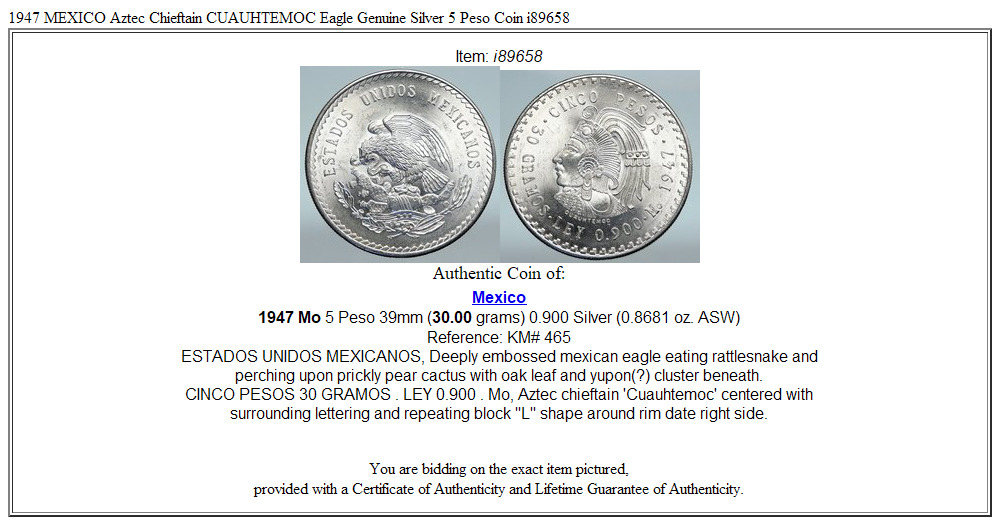 1947 MEXICO Aztec Chieftain CUAUHTEMOC Eagle Genuine Silver 5 Peso Coin i89658